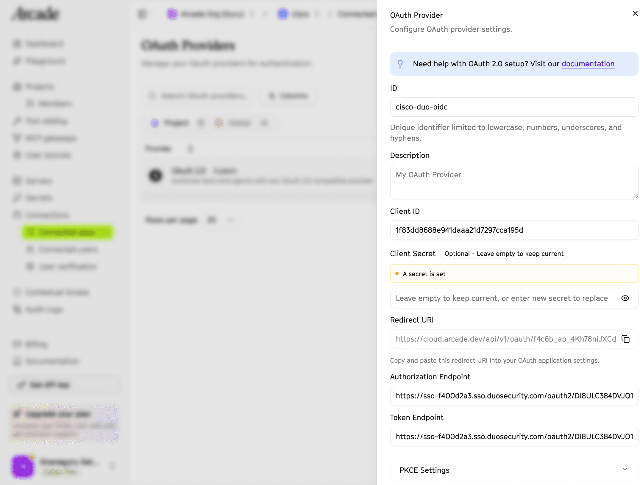 Configuring the Cisco Duo OAuth provider in the Arcade Dashboard