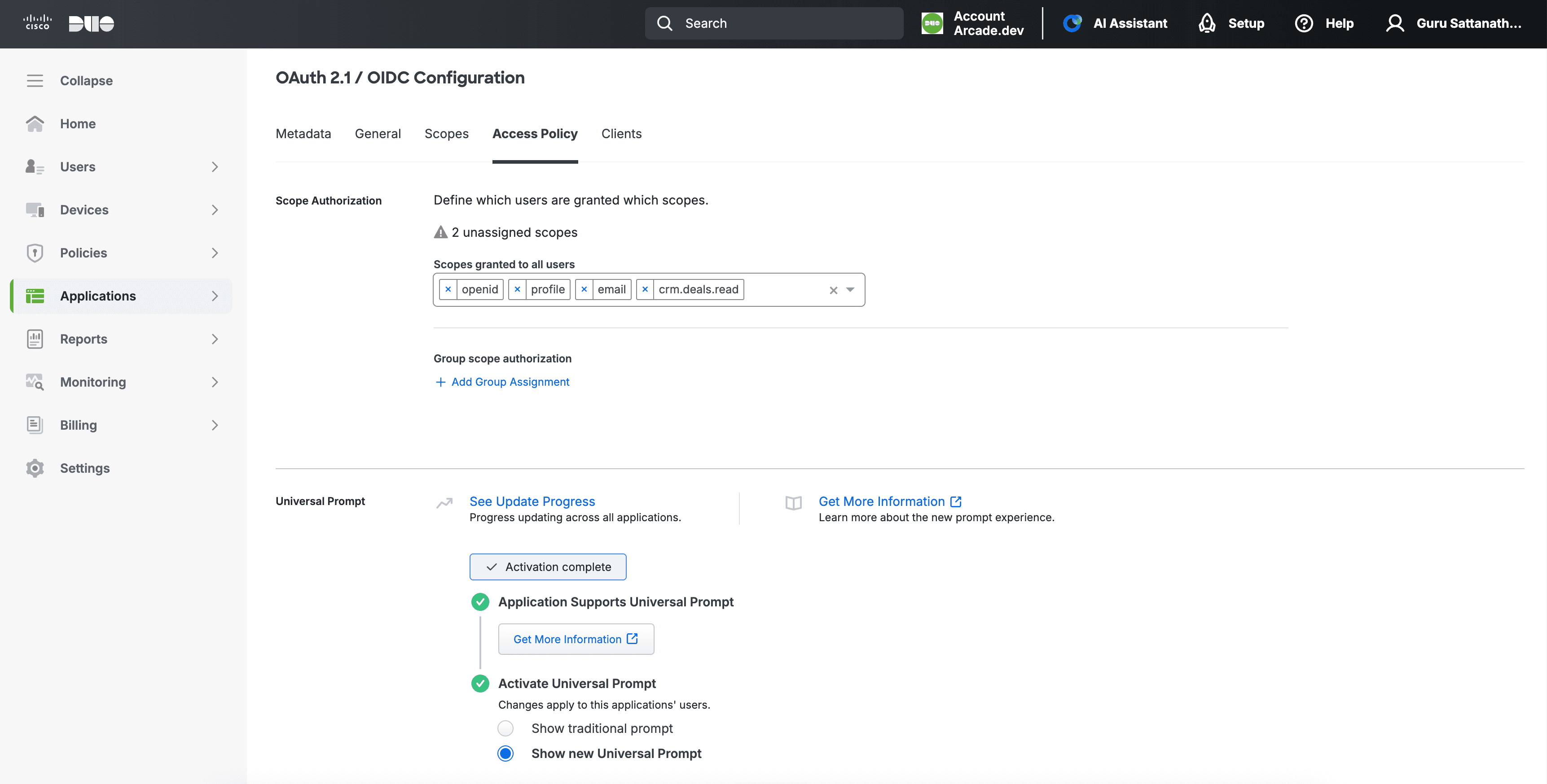 Granting scopes to users and groups on the Access Policy tab of a Duo OIDC application