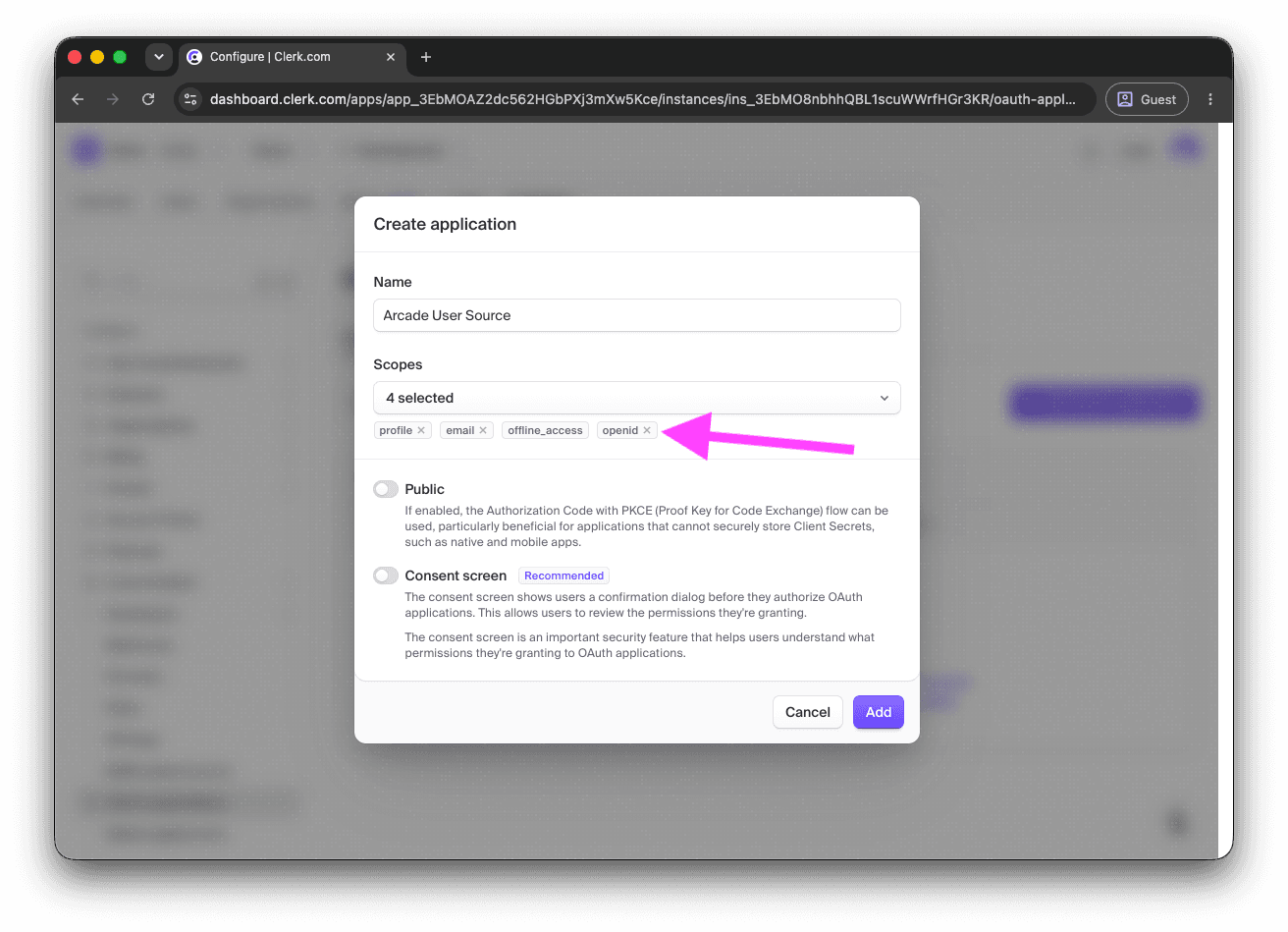 Create application dialog in Clerk with Name and Scopes filled in and the Public and Consent screen toggles off
