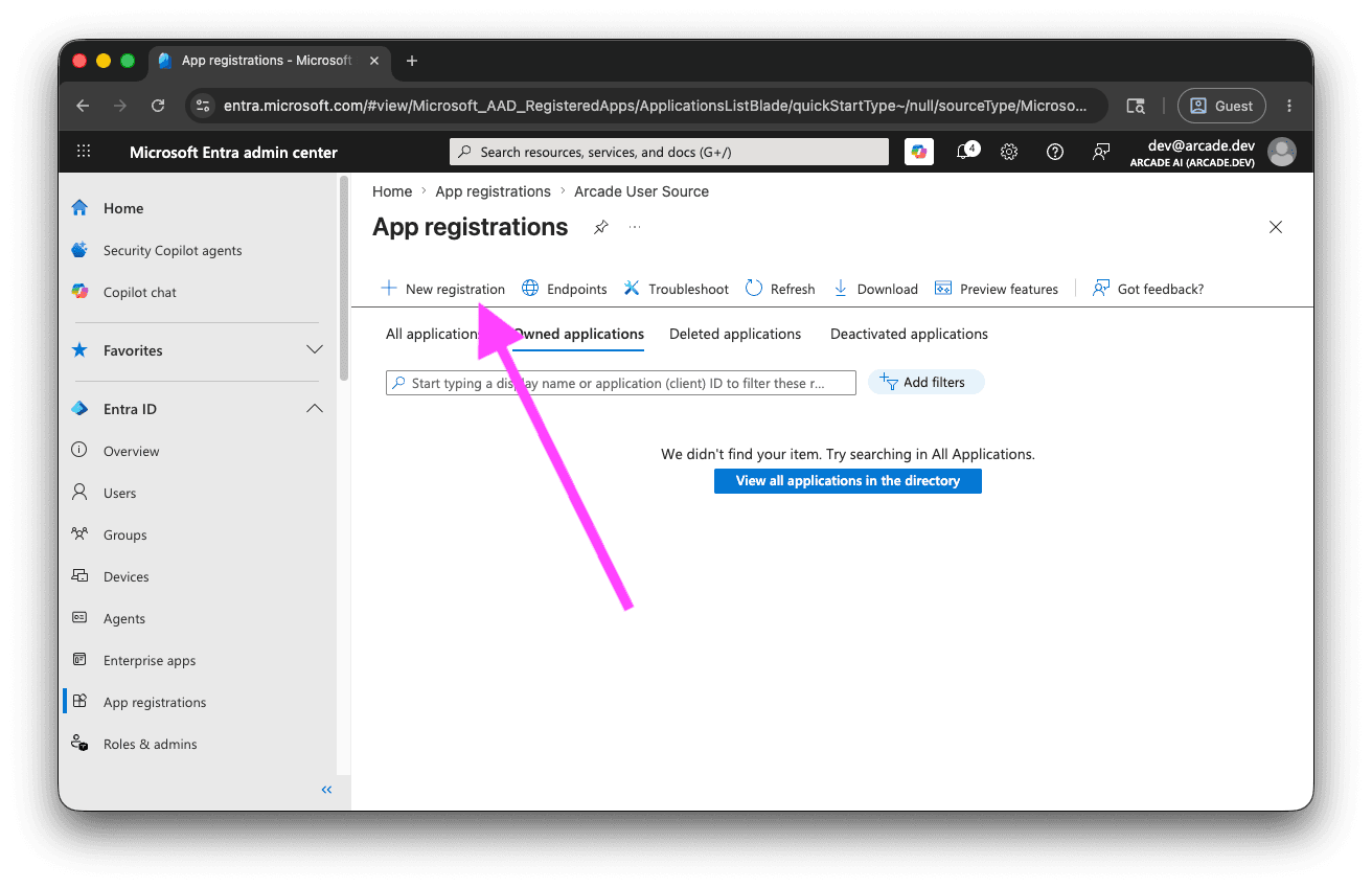 App registrations page in the Microsoft Entra admin center, with the New registration button highlighted
