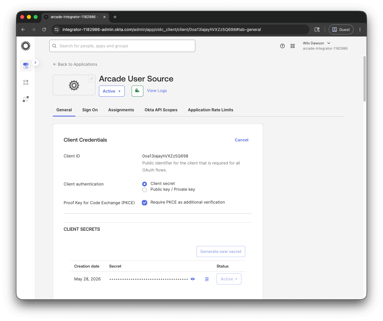 Client Credentials panel with Require PKCE checked and the Client ID and Client secret visible
