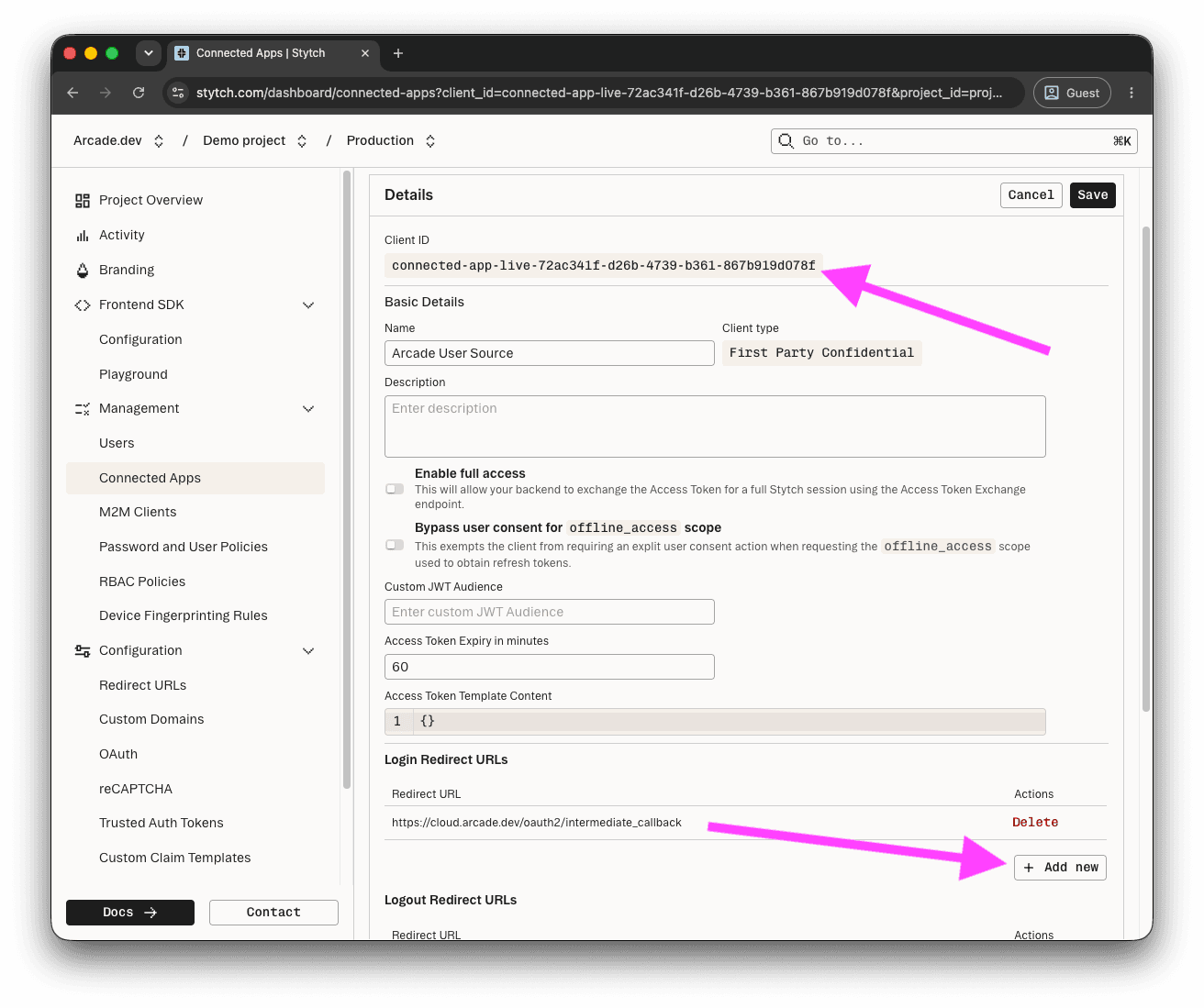 Connected App Details panel showing the Client ID at the top and Login Redirect URLs section with the Arcade redirect URL filled in