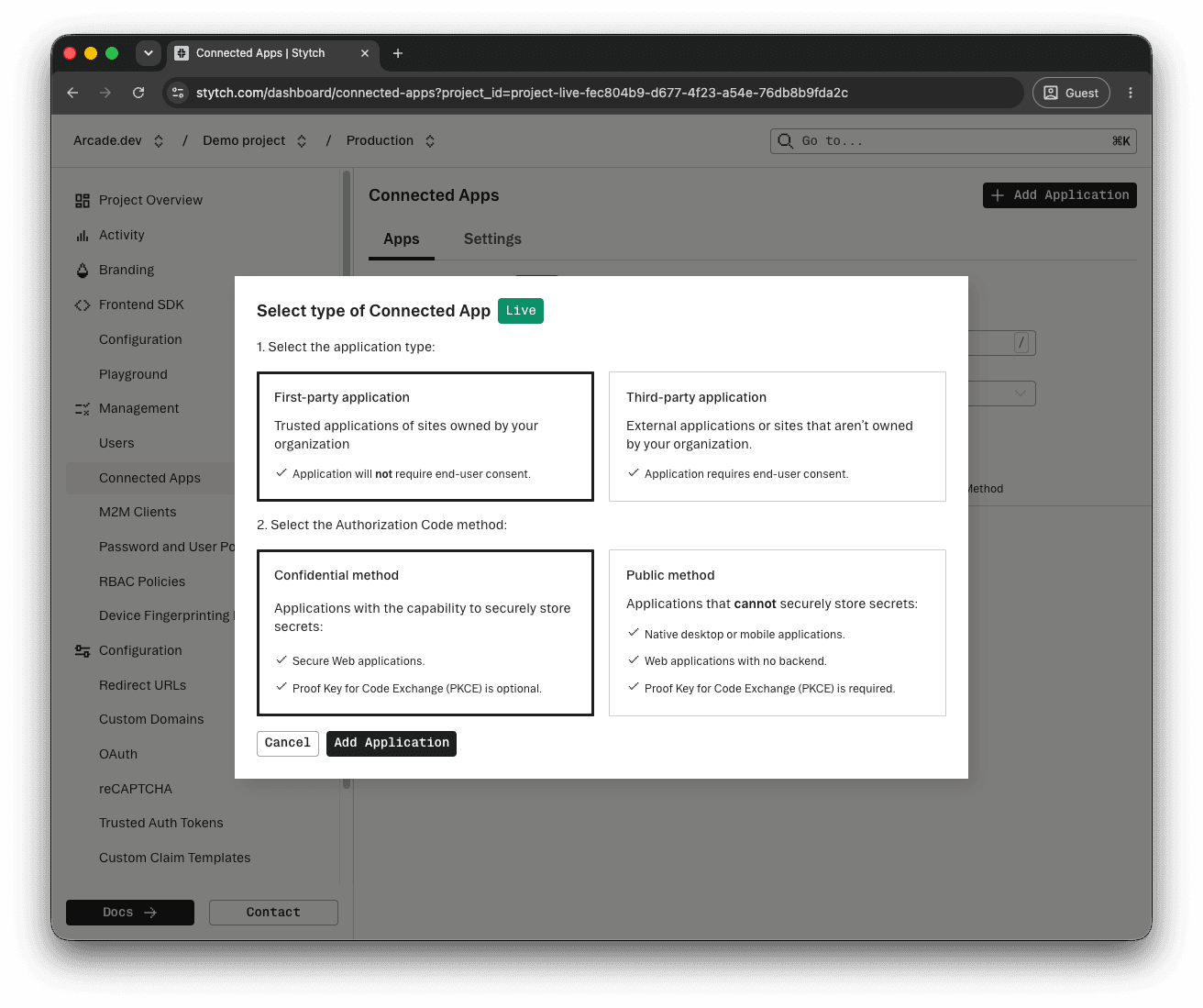 Select type of Connected App dialog with First-party application and Confidential method selected